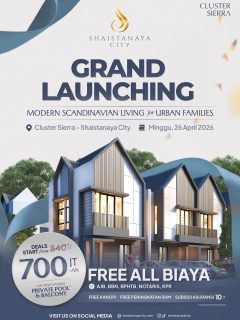 GRAND LAUNCHING Cluster Sierra – Minggu, 26 April 2026. Shaistanaya City resmi hadir untuk keluarga urban yang mencari hunian modern dengan sentuhan Scandinavian living yang elegan.

Nikmati momen spesial launching dengan suasana yang meriah, penawaran terbaik, dan kesempatan pertama memiliki unit eksklusif mulai 700 jutaan FREE ALL BIAYA.

Private pool, balcony, desain premium, dan lokasi strategis siap jadi standar baru hunian keluarga masa kini.

Catat tanggalnya! Minggu, 26 April 2026.

Datang langsung ke Cluster Sierra – Shaistanaya City dan rasakan sendiri experience grand launching yang spesial.

Promo launching terbatas, jangan sampai kehabisan unit terbaik.

Hubungi kami untuk info unit & jadwal survey:
☎️ 0812-4002-4009
🌐 linktr.ee/shaistanayacity

Kunjungi perumahan kami di:
📍 Shaistanaya City – maps.app.goo.gl/Wsjrt22mkCcUVqdN9
🧭 Jl. Sidodadi, Sudio, Sidodadi, Kec. Candi, Kabupaten Sidoarjo, Jawa Timur

#perumahansidoarjo #rumahsidoarjo
#propertisidoarjo #rumahkprsidoarjo #rumahbarusidoarjo