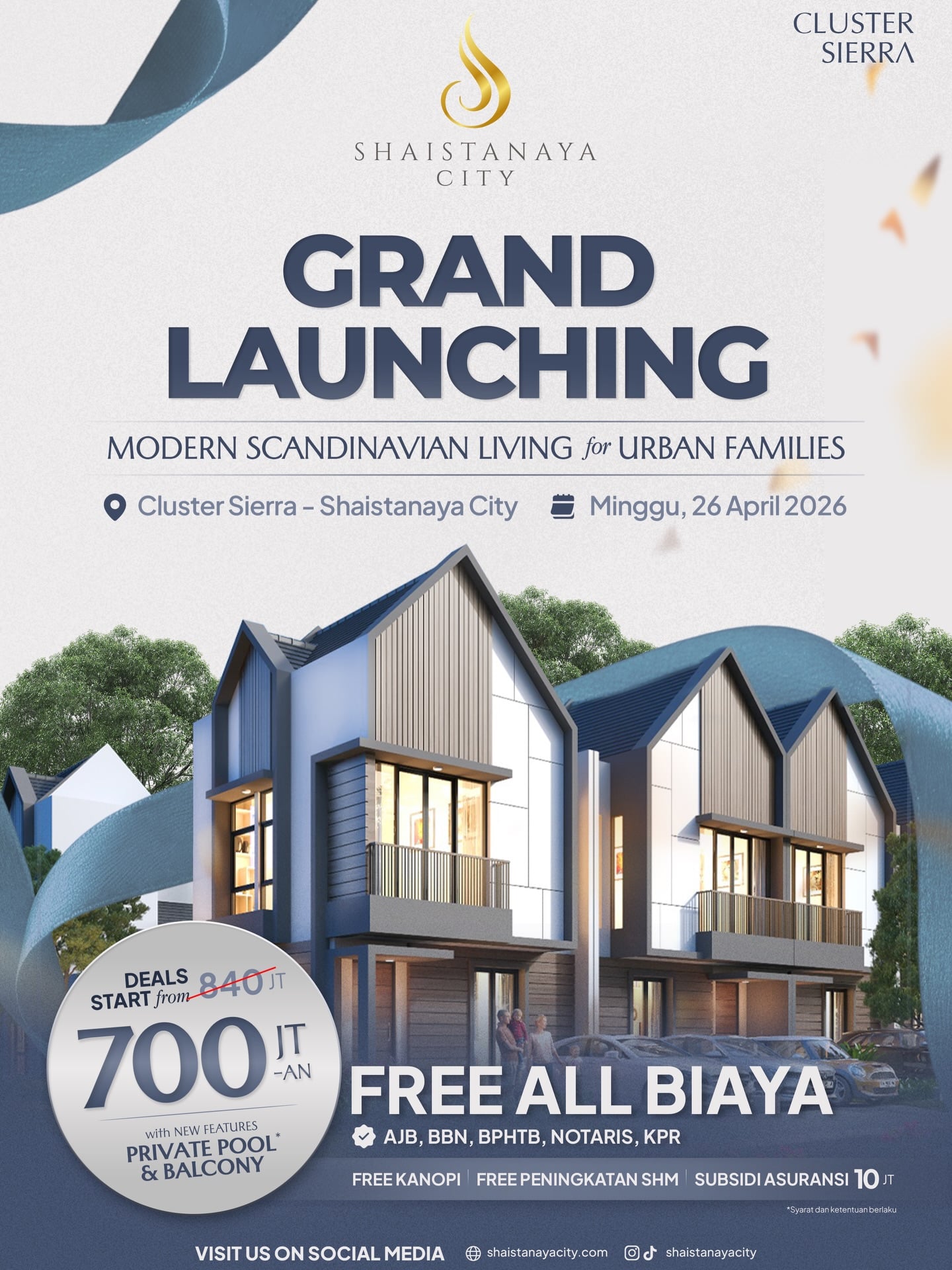 GRAND LAUNCHING Cluster Sierra – Minggu, 26 April 2026. Shaistanaya City resmi hadir untuk keluarga urban yang mencari hunian modern dengan sentuhan Scandinavian living yang elegan.

Nikmati momen spesial launching dengan suasana yang meriah, penawaran terbaik, dan kesempatan pertama memiliki unit eksklusif mulai 700 jutaan FREE ALL BIAYA.

Private pool, balcony, desain premium, dan lokasi strategis siap jadi standar baru hunian keluarga masa kini.

Catat tanggalnya! Minggu, 26 April 2026.

Datang langsung ke Cluster Sierra – Shaistanaya City dan rasakan sendiri experience grand launching yang spesial.

Promo launching terbatas, jangan sampai kehabisan unit terbaik.

Hubungi kami untuk info unit & jadwal survey:
☎️ 0812-4002-4009
🌐 linktr.ee/shaistanayacity

Kunjungi perumahan kami di:
📍 Shaistanaya City – maps.app.goo.gl/Wsjrt22mkCcUVqdN9
🧭 Jl. Sidodadi, Sudio, Sidodadi, Kec. Candi, Kabupaten Sidoarjo, Jawa Timur

#perumahansidoarjo #rumahsidoarjo
#propertisidoarjo #rumahkprsidoarjo #rumahbarusidoarjo