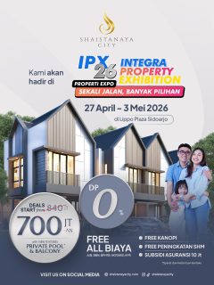 Mulai tanggal 27 April - 03 Mei 2026 Shaistanaya City akan hadir di Pameran IPX Integra Property Exhibition 2026 di Lippo Mall Sidoarjo yaa! Jangan lupa hadir karena akan ada banyak promo menarik yang rugi banget nih kalau dilewatin! 😉

Shaistanaya City merupakan perumahan di Sidoarjo yang menghadirkan Cluster Sierra, hunian 2 lantai berkonsep Scandinavian Contemporary. Dilengkapi Private Pool & Balcony. Desainnya modern, clean, dan eksklusif. Sangat ideal untuk keluarga urban.

Tersedia juga Cluster Montana bergaya American Style dengan Mezzanine serta ruko strategis di pusat bisnis Sidoarjo, mengintegrasikan gaya hidup residensial dan komersial di pusat kota. 

Hubungi kami untuk info unit & jadwal survey:
☎️ 0812-4002-4009
🌐 linktr.ee/shaistanayacity

Kunjungi perumahan kami di:
📍 Shaistanaya City – maps.app.goo.gl/Wsjrt22mkCcUVqdN9
🧭 Jl. Sidodadi, Sudio, Sidodadi, Kec. Candi, Kabupaten Sidoarjo, Jawa Timur

#perumahansidoarjo #rumahsidoarjo
#propertisidoarjo #rumahkprsidoarjo #rumahbarusidoarjo