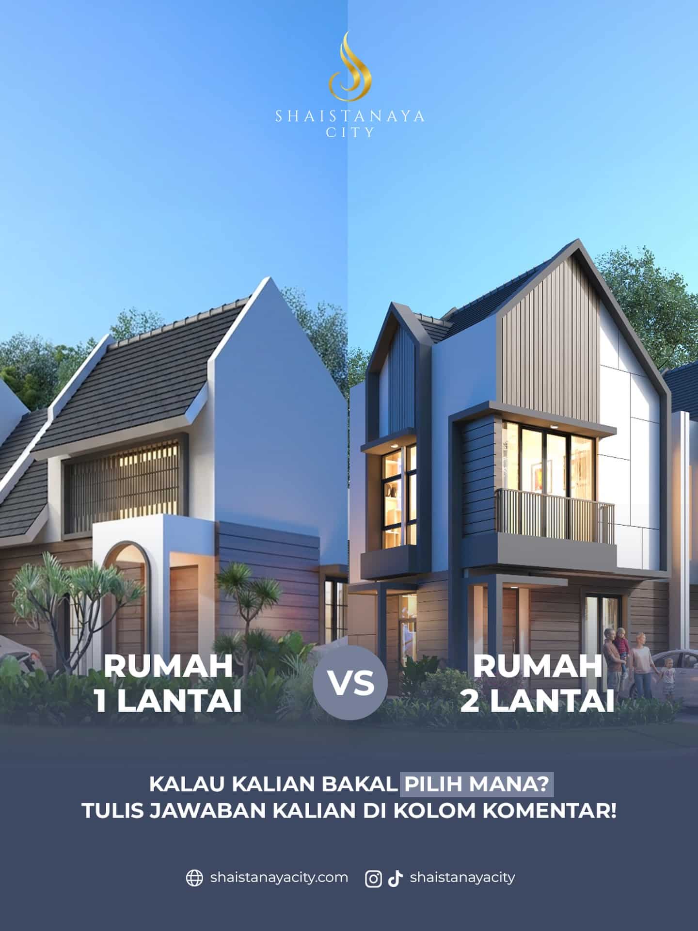 Kalau kalian tertarik buat pilih lantai 1 atau lantai 2 nih? 👀

Shaistanaya City merupakan perumahan di Sidoarjo yang menghadirkan Cluster Sierra, hunian 2 lantai berkonsep Scandinavian Contemporary. Dilengkapi Private Pool & Balcony. Desainnya modern, clean, dan eksklusif. Sangat ideal untuk keluarga urban.

Tersedia juga Cluster Montana bergaya American Style dengan Mezzanine serta ruko strategis di pusat bisnis Sidoarjo, mengintegrasikan gaya hidup residensial dan komersial di pusat kota. 

Hubungi kami untuk info unit & jadwal survey:
☎️ 0812-4002-4009
🌐 linktr.ee/shaistanayacity

Kunjungi perumahan kami di:
📍 Shaistanaya City – maps.app.goo.gl/Wsjrt22mkCcUVqdN9
🧭 Jl. Sidodadi, Sudio, Sidodadi, Kec. Candi, Kabupaten Sidoarjo, Jawa Timur

#perumahansidoarjo #rumahsidoarjo
#propertisidoarjo #rumahkprsidoarjo #rumahbarusidoarjo